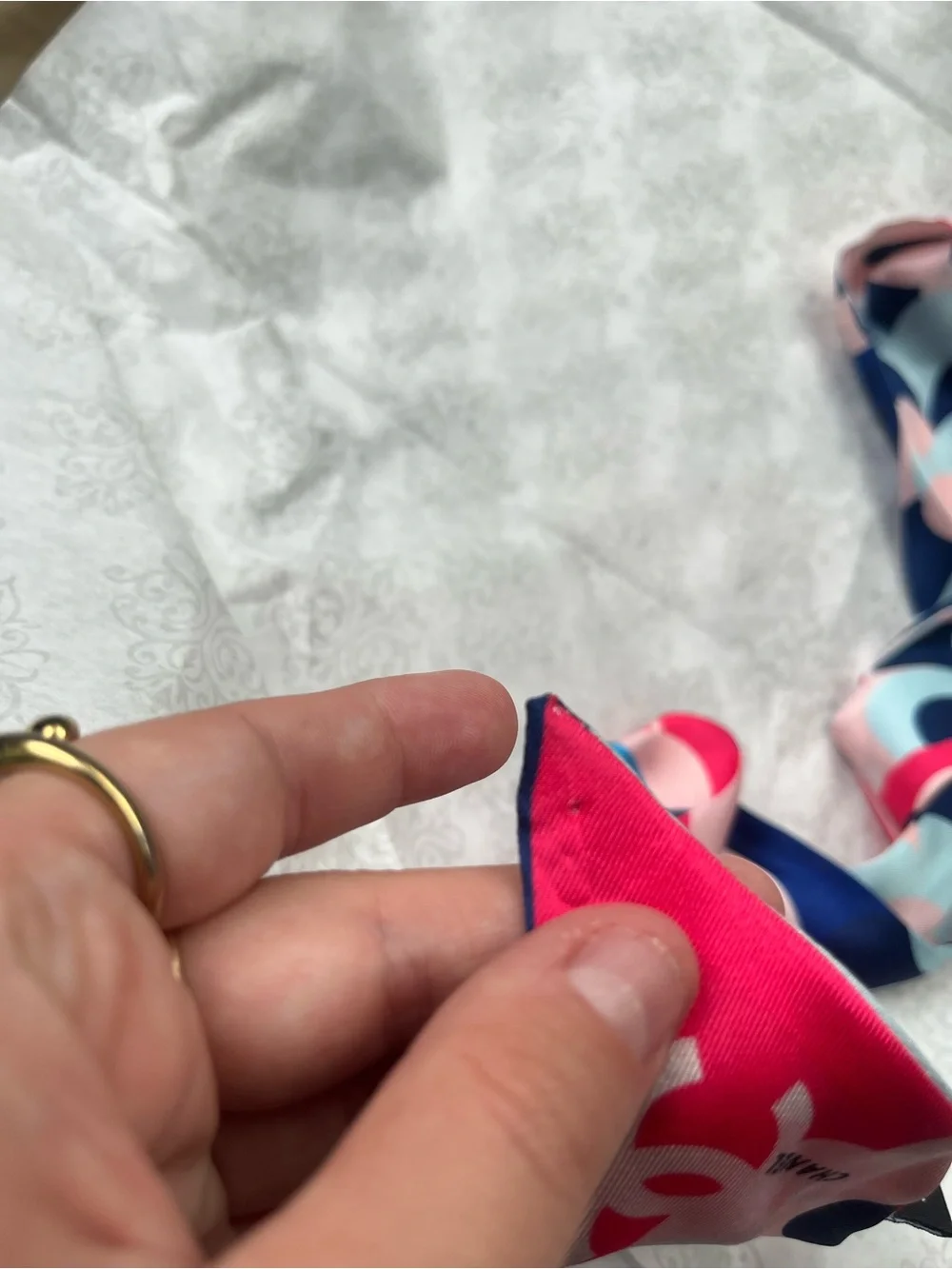Authentic Chanel  Blue Red Flower Maxi Twilly, Necktie or purse Scarf Silk